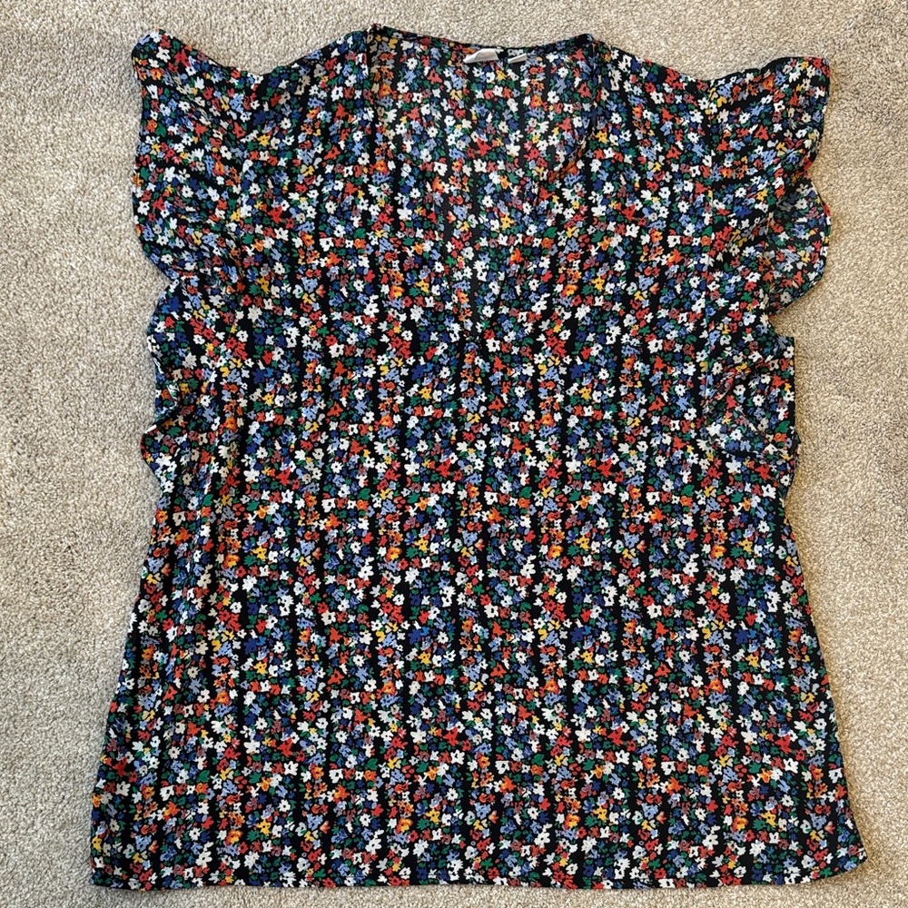 GAP Multicolor Floral Blouse women’s size medium black blue white green v neck